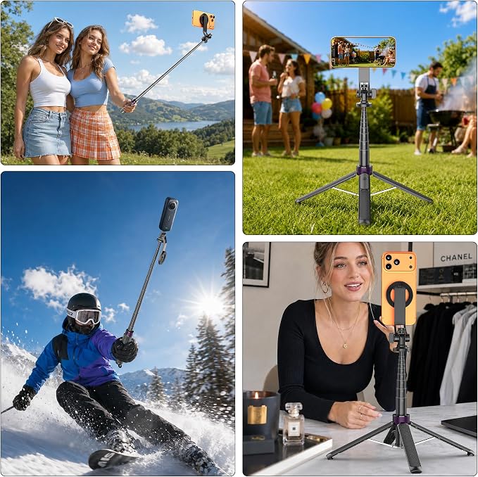 53" Magnetic Selfie Stick Tripod for Phone/Action Camera, 1/4" Mount | Aluminum Alloy Pole, 360° Rotation, 4-Leg Base & Wireless Remote Compatible with iPhone17 Pro&Action Camera for Travel Photos - Image 8