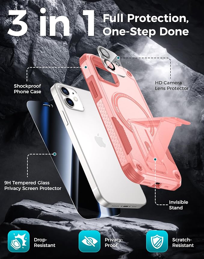 Goton 3 in 1 for iPhone 12 Case with Privacy Screen Protector Pink | Glass Camera Lens Protector,Compatible for MagSafe,Invisible Kickstand, Shockproof Phone Cover for iPhone12 - Image 3