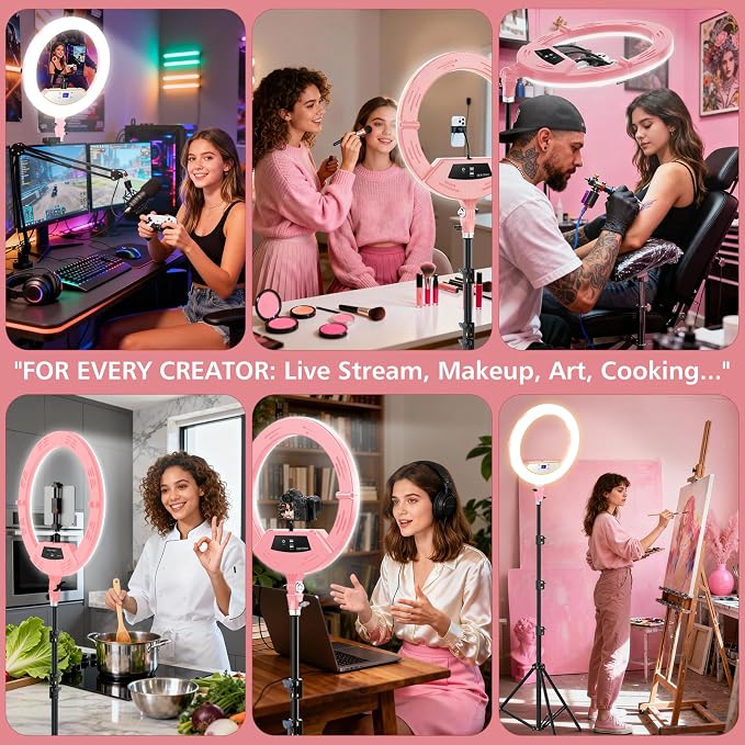 22" Ring Light with Stand: Touch Screen LED Display & 75" Tall Tripod, | 3 Color modes 6500K / 2 USB Ports Foldable LED Big Ring Light Tripod for Live Stream,YouTube,TikTok Video Shooting, Pink - Image 8