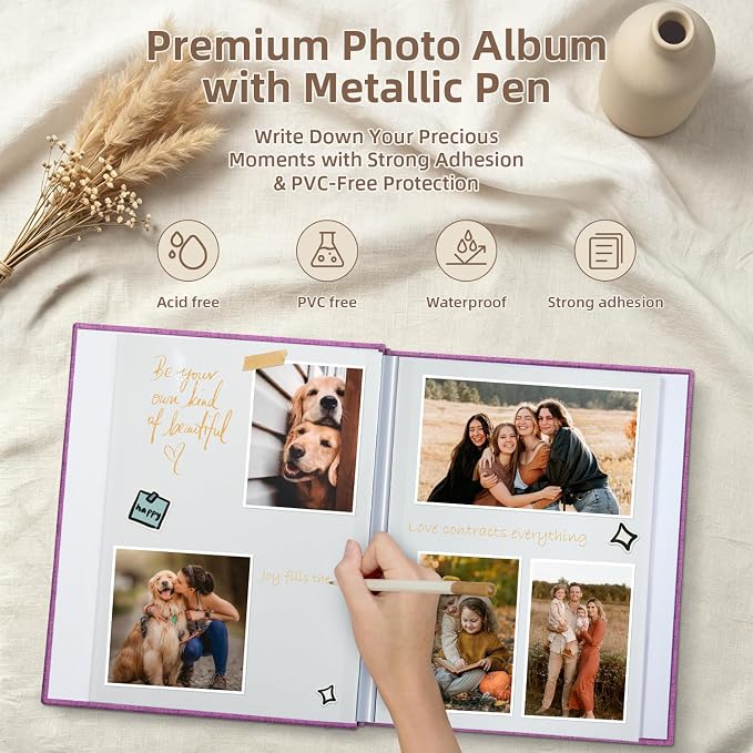 Popotop Photo Album Self Adhesive with Picture Display Window,60 Pages DIY Scrapbooking Supplies Kit for 4x6 8x10 Picture,Linen Cover Memory Book for Baby Wedding, with Scraper and Metallic Pen - Image 4