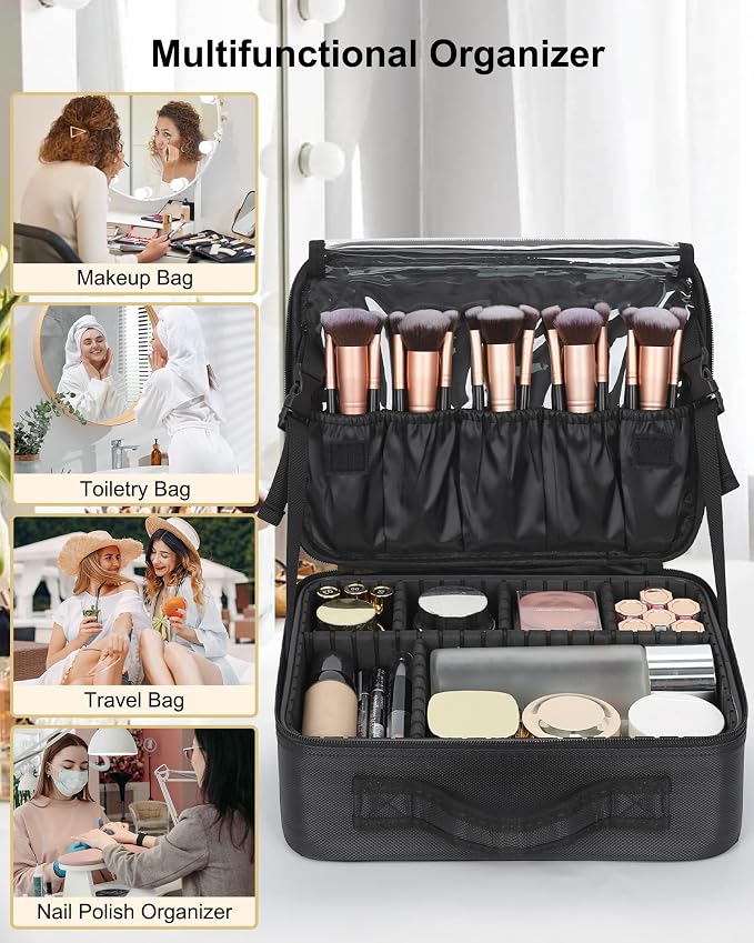 Relavel Makeup Bag Large Cosmetic Bag Travel Train Case Toiletry Bag for Women with Adjustable Dividers, Travel Essentials Organizer Case Storage Box for Skincare, Brushes, Black - Image 5