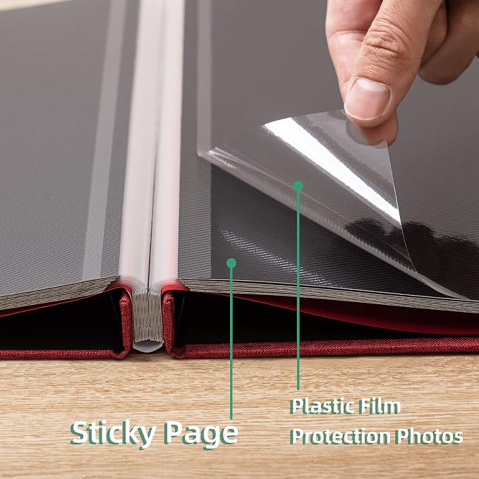 Large Photo Album Self Adhesive for 4x6 8x10 Magnetic Scrapbook Album DIY 60 Black Sticky Pages Linen Cover Photo Album(Red) - Image 5