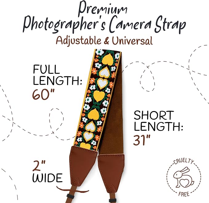 Art Tribute Camera Strap - Shoulder, Crossbody & Neck Camera Strap for Photographers, Fits All Cameras, Canon Nikon Sony Fujifilm, Padded Strap W/Quick Release, Embroidered Cotton & Leather Ends - Image 5