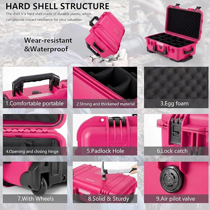 Relaxweex Rolling Camera Hard Case with Padded Dividers & Wheels, Impact-resistant Hard Shell Travel Case for Cameras, Lenses & Accessories(22 x 14 x 9 Inch,Rose Red) - Image 3