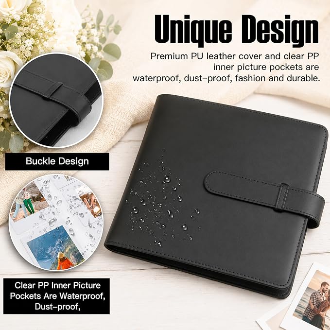 Veicevol 360-Pocket 2x3 Photo Album for Instax Mini and Polaroid, Black | PU Leather Cover Keeps, Fits Instax Mini and Polaroid 2x3 Photos, Protects Travel, Wedding and Family Memories - Image 3