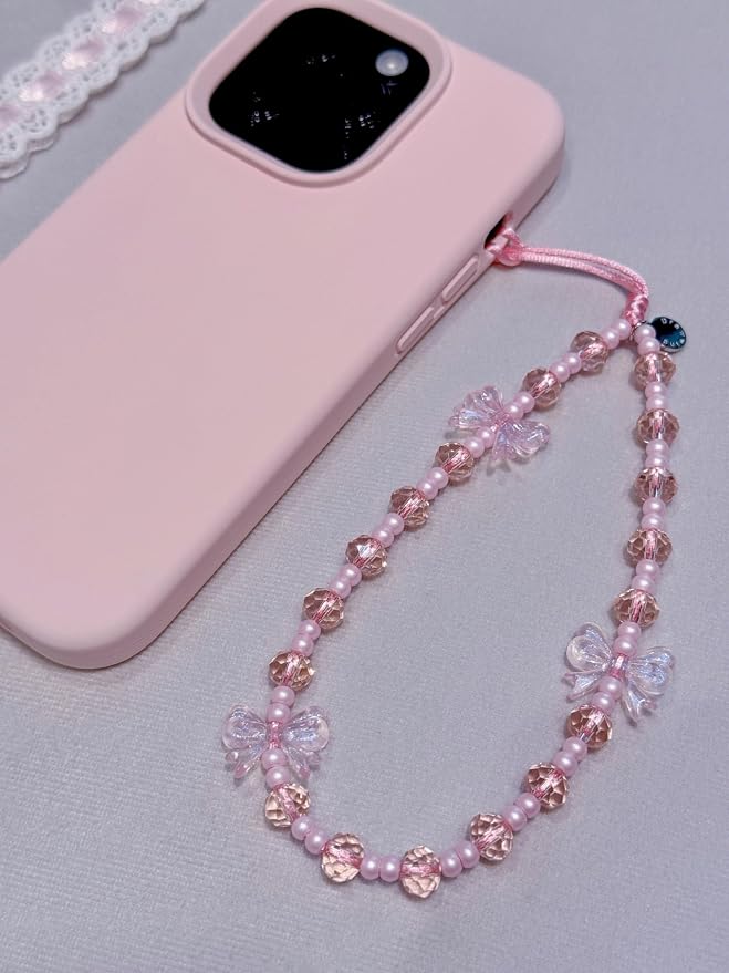 Drawwind Phone Charm Strap Cute Wrist Straps Cell Phone Charm String Y2K Aesthetic Lanyard Wristlet Chain for Case Camera AirPods Bags Keychains (Pink Bow) - Image 4