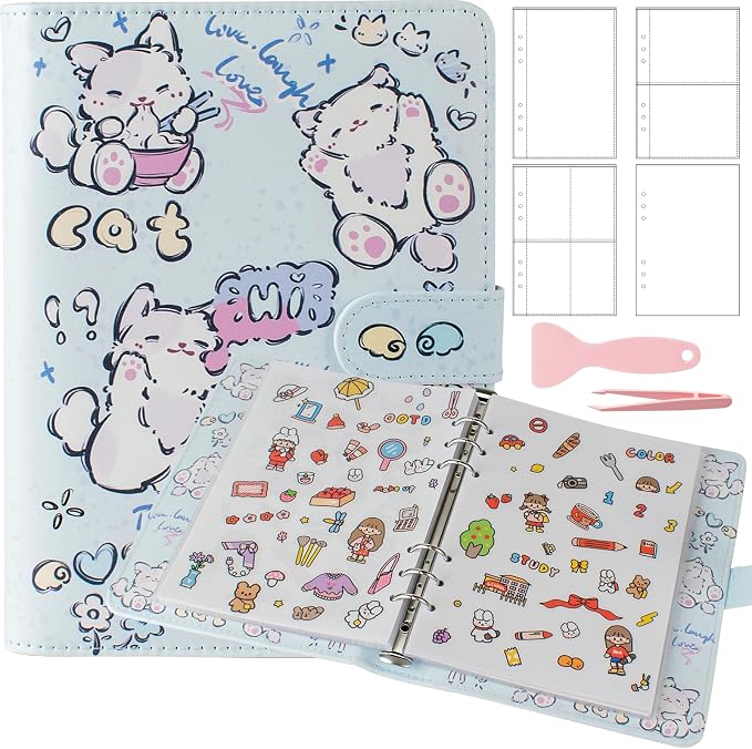 Reusable Sticker Book Collecting,A5 Binder Album Storage Organizer with Blank Release Paper and Pocket for Adult Kids,Cartoon Leather Binder Cover & Magnetic Buckle Closure(Blue) by BUYNOW