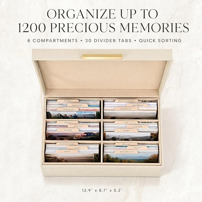 Decorative Photo Storage Box - PU Leather Organizer for 1200 4x6 Photos | Sturdy Scrapbook Storage Containers with Dividers and Lid - Portable Box Safely Stores Your Pictures - Image 3