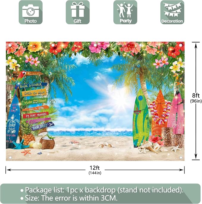 12x8ft Summer Hawaiian Beach Photography Tropical Luau Backdrop | Flower Palm Leaves Background, Aloha Party Supplies, Surfboard Banner, Holiday Photo Booth, Polyester, Grommets, 1PC - Image 4