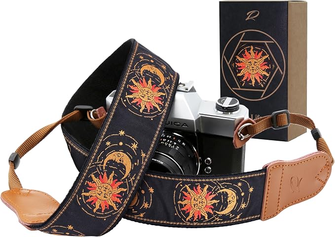 Padwa Lifestyle Helios Moon God Camera Strap -2" Double Layer Cowhide Ends Camera Straps for Photographers, Vintage Embroidered Cotton Weave Soft Padded Strap Adjustable fits All Cameras by PadwaLifestyleCameraStrap