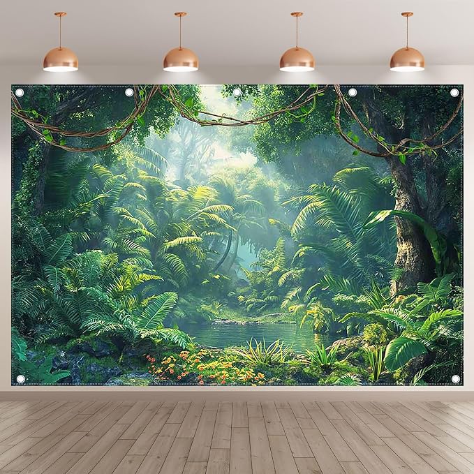 Fabric 12x8ft Jungle Forest Photography Backdrop Rainforest Banner | Tropical Natural Scenery River Background, Summer Adventure Party Decorations, Kids Adult Photo Props, Polyester, Grommets - Image 2