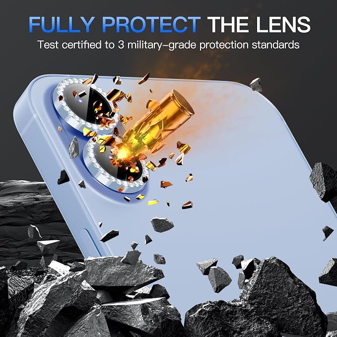 Suoman for iPhone 17 Camera Lens Protector, Glitter Diamond Individual Metal Tempered Glass Camera Lens Cover [Strong-Adhesion][Does not Affect Night Shots] -Blue - Image 4