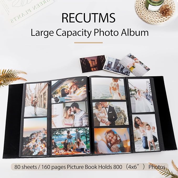 RECUTMS Photo Album 4x6 Pictures, 800 Pockets Large Capacity Picture Album | Acid-Free Black Pages, Leather Cover, Dual Horizontal/Vertical Pockets, Custom Photo Cover, Perfect for Wedding, Family&Trave - Image 2