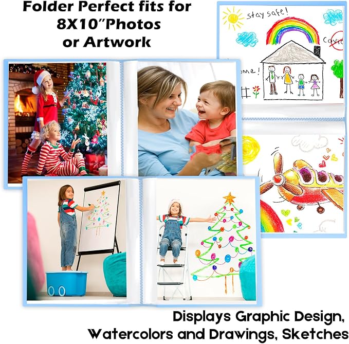 Aevdor 8x10 Photo Album and Art Portfolio, Holds 68 Photos, Blue | Lightweight Plastic Cover, Elastic Closure, Clear Pockets for Photos, Artwork, Portraits, Certificates & Sketches - Image 4