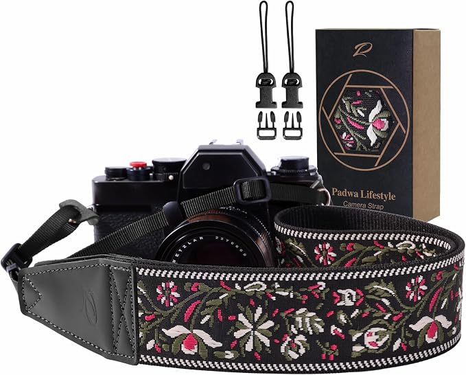 Padwa Lifestyle Camera Strap - 2" Full Grain Leather Ends Camera Straps for Photographers, Vintage Embroidered Cotton Weave Soft Strap Quick Release fits All Cameras by PadwaLifestyleCameraStrap