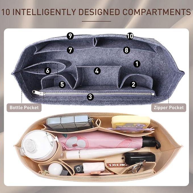 Doxo Purse Organizer Insert for Handbags & Base Shaper 2pc Set, Felt Neverfull MM Organizer Insert, Tote Bag Organizer with Zipper Pocket and Bottle Holder, Fit Speedy 30 Neverfull MM and More,Gray-L - Image 4