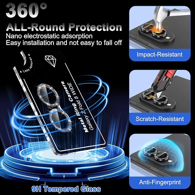 Meshine for Samsung Galaxy Z Fold 8 Camera Lens Protector,Scratch Proof,Strong Adsorption,9H Hardness with Metal Ring Camera Cover,Ultra Thin Case Friendly,Accessories Lens Protector,Glitter Black - Image 3