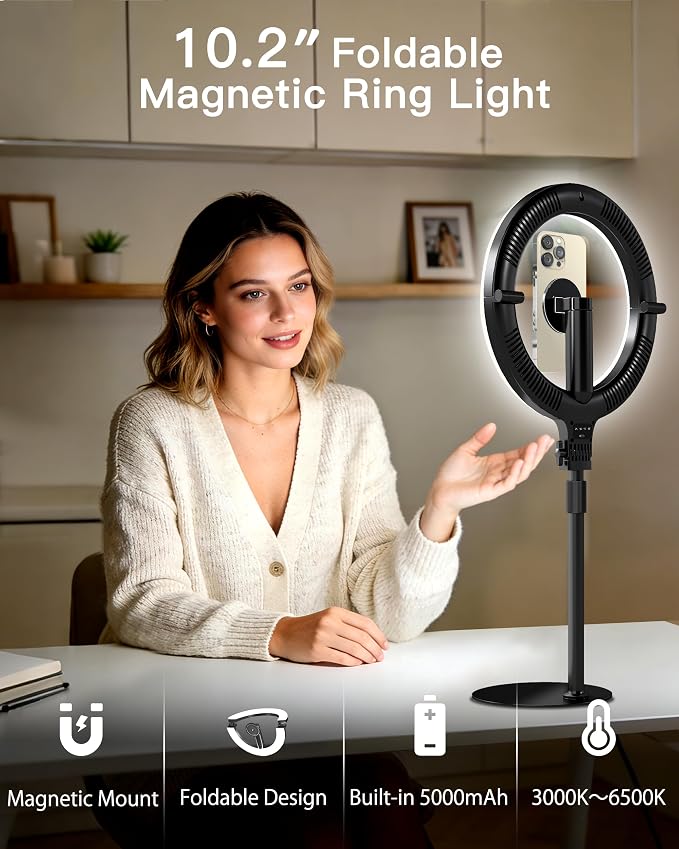 NiceVeedi 10.2” Magnetic Desk Ring Light with Stand, 5000mAh Rechargeable Desktop Ring Light for Phone，3 Color Foldable Selfie Light for Live Stream/Makeup/TikTok/YouTube/Photography/Zoom/Vlogging - Image 2