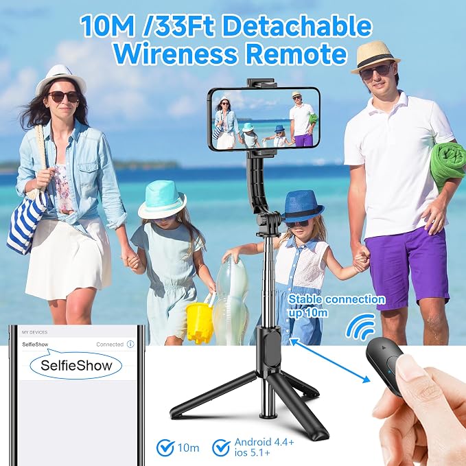 SelfieShow Selfie Stick, Extendable Selfie Stick Tripod with Wireless Remote and Tripod Stand, Portable, Lightweight, Compatible with iPhone 17 16 15 14 13 12 Pro Xs Max/Samsung Smartphone and More - Image 3
