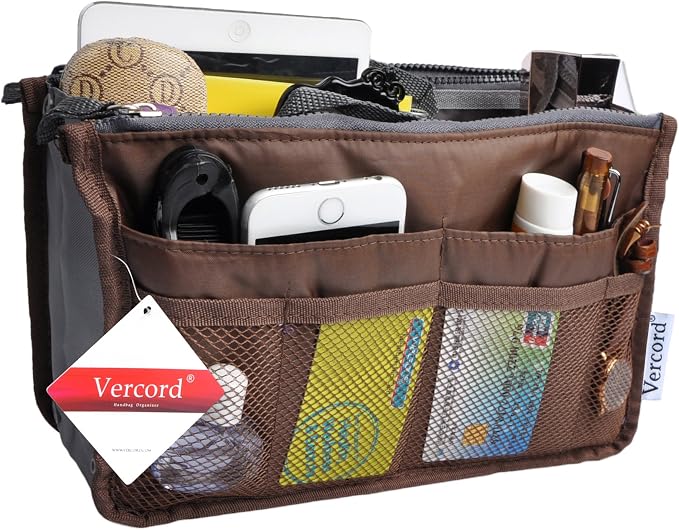 Vercord Purse Organizer Insert for Handbags Bag Organizers Inside Tote Pocketbook Women Nurse Nylon 13 Pockets Coffee Small - Image 2