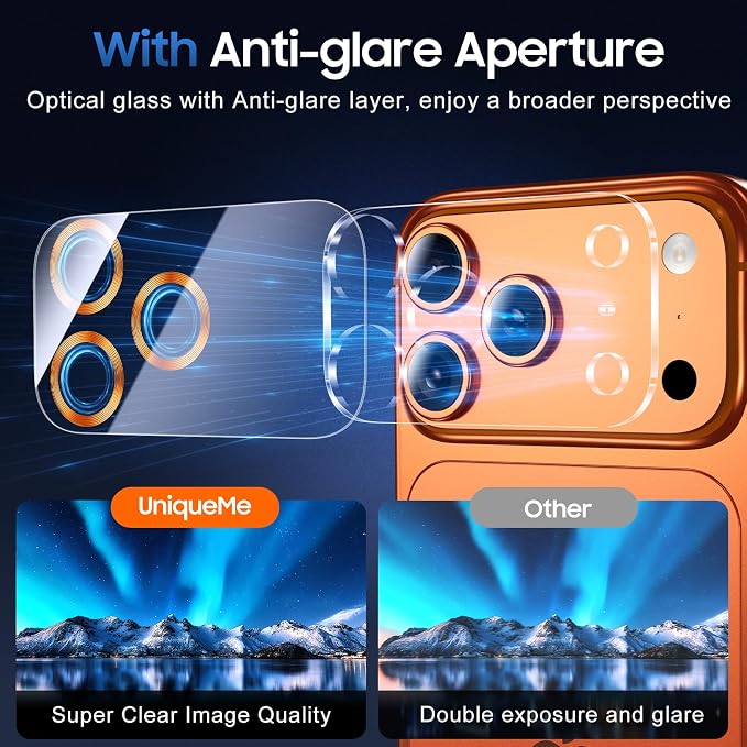 UniqueMe 3 Pack for iPhone 17 Pro Max Camera Lens Protector - Orange | Drop Protection, Case Friendly, 9H Tempered Glass, Camera Cover Screen, Update New Version - Image 4
