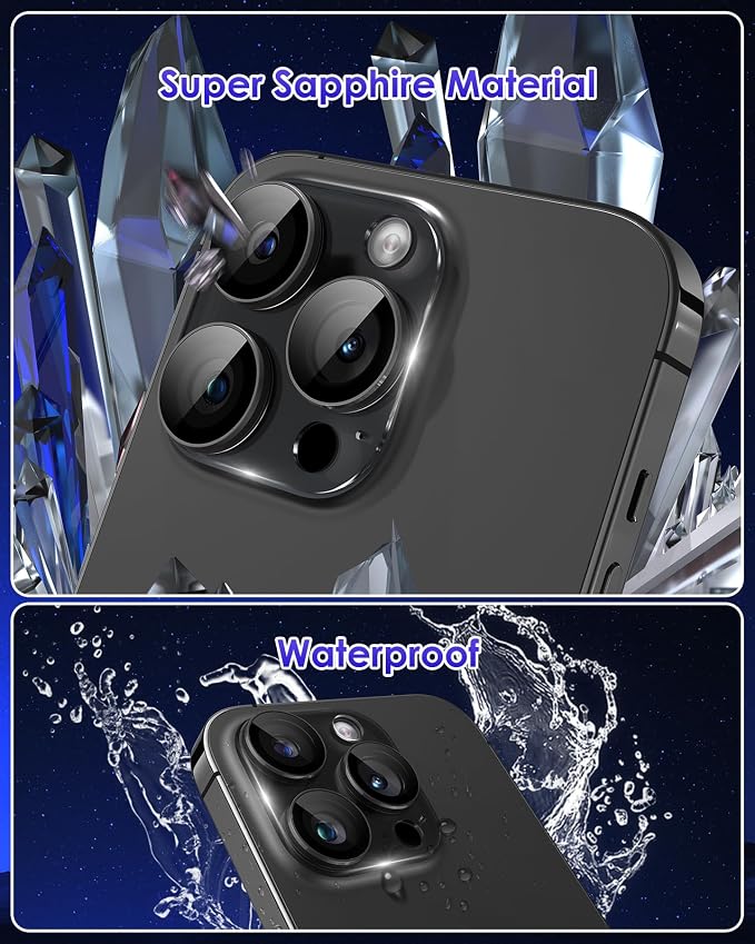 Compatible for iPhone 16 Pro Max/iPhone 16 Pro/iPhone 14 Pro/iPhone 14 Pro Max Camera Lens Protector, Clear 9H Tempered Glass Screen Camera Cover Black+Black - Image 4