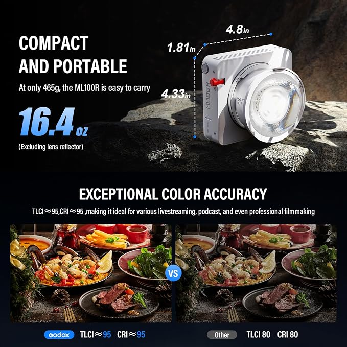 Godox ML100R RGB LED Video Light with 25600mAh Grip/Light Stand/Softbox | 110W Full-Color 1800K-10000K CRI 97+/TLCI 98+ 14 FX Effects Support APP Control for Live Streaming/Outdoor - Image 6