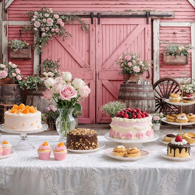 9x6ft Country Wedding Photography Backdrop Rustic Barn Door Photography Backdrop Farmhouse Pink Flower Cabin Wooden Birthday Baby Shower Wedding Bridal Party Banner Photo Booth Props Background - Image 4
