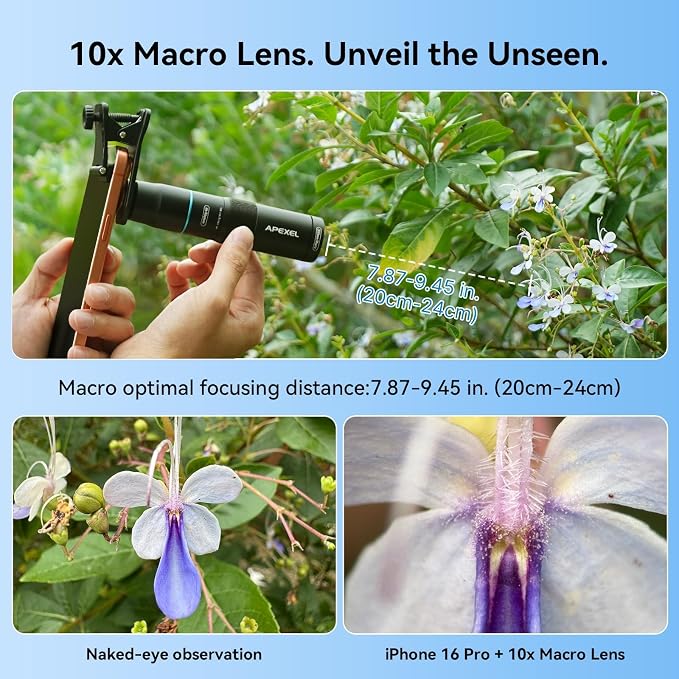 APEXEL 10X Tele-Macro Pro Dual Lens 2-in-1 for iPhone | Clip-On Telephoto & Macro Lens for Samsung/Android | 10x Zoom for Concerts, Travel, and Outdoor Exploration | Pro Photography - Image 6