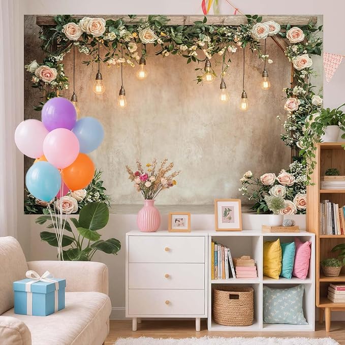 10x8ft Country Wedding Valentines Day Photography Backdrop Floral Roses Farmhouse Wooden Door Backdrop Pink Flower Birthday Baby Shower Bridal Party Banner Photo Booth Props Anniversary Background - Image 4