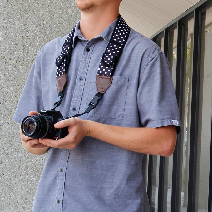USA Gear TrueSHOT Camera Strap Neoprene Camera Straps - Padded Neck Strap, Pockets, and Quick Release Buckles - Compatible with Canon, Nikon, Sony and More DSLR and Mirrorless Cameras (Polka Dot) - Image 6