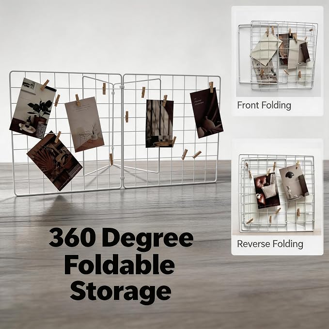Foldable Desktop Photo Display Rack & Grid Display Board, Fold Flat for Easy Storage with 20 Wooden Clips – Photo, Accessory & Handcraft Display Organizer for Home Office White - Image 4