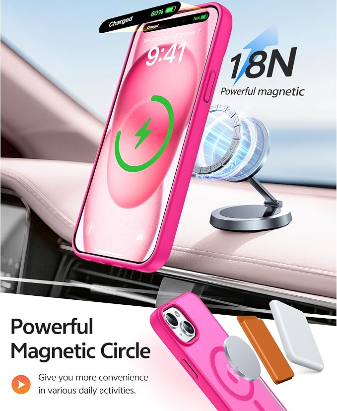 FNTCASE for iPhone 15/14/13 Case, Fit for Magsafe, Glass Screen Protector | Translucent Matte, Magnetic Phone Cases, 14FT Military Grade Drop Protection, Slim Shockproof Protective Cover, Hot Pink - Image 3
