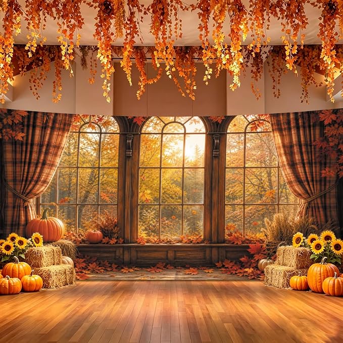 Autumn Fall Window Backdrop 20x10ft Rustic Wooden Arched Window with Pumpkin Maple Leaves Thanksgiving Harvest Photo Background for Party Decor Portrait Photography Booth Props Vinyl - Image 3