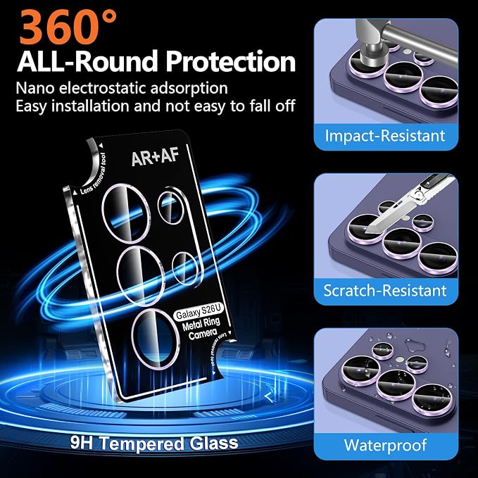 for Samsung Galaxy S26 Ultra Camera Lens Protector, Individual Metal Ring Tempered Glass Lens Cover, [Strong Adsorption] Scratch Resistant Ultra-Thin HD Clear Lens Cover, 1 Set-Purple Ring - Image 2