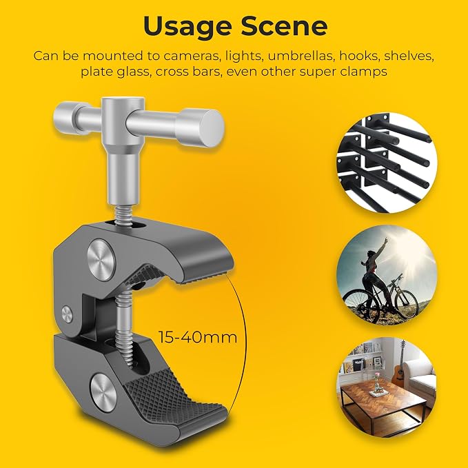 REFLEX CAMERA Super Clamp with 1/4" and 3/8" Thread Ideal Magic arm clamp with Rotary Handle for Photography, Tripod, Lights, Umberellas, DSLR Cameras, Shelves, Rods, Light Stands - Fully Adjustable - Image 3