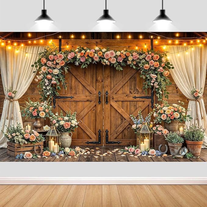12x10ft Western Wedding Backdrop Rustic Barn Door Photography Backdrop Farmhouse Pink Flower Cabin Wooden Birthday Baby Shower Country Anniversary Bridal Party Banner Photo Booth Props Background - Image 5