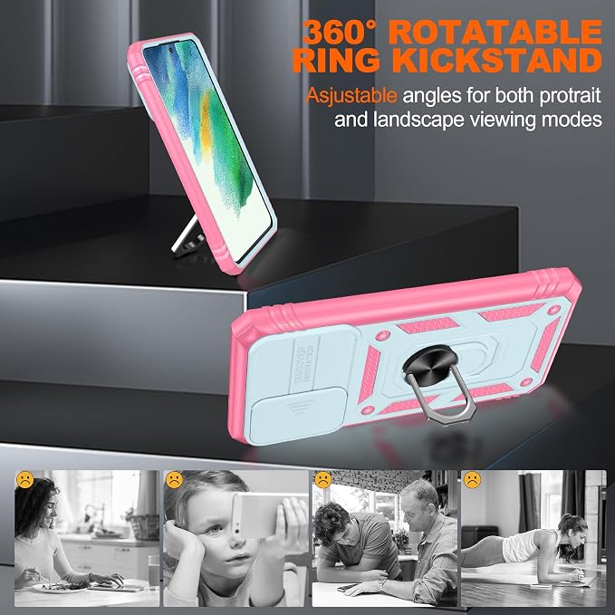 Gritup for Samsung Galaxy S21 FE 5G Case with 2PCS Screen Protector, Build in 360° Rotating Ring Kickstand, Military Grade Protective Case for S21 FE Phone, Green+Pink - Image 8