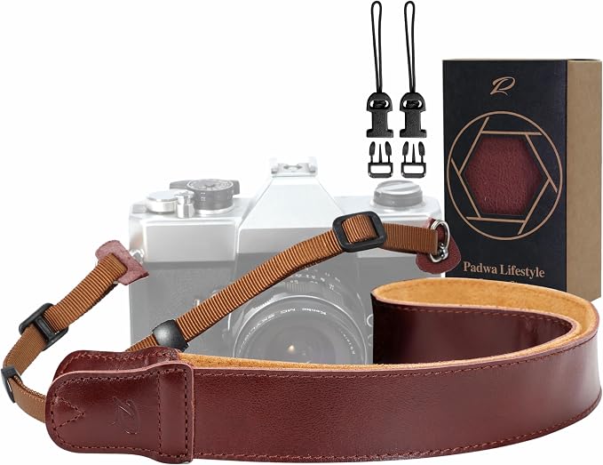 Padwa Lifestyle Red Brown Leather Camera Strap - 1.5" Soft Full Grain Cowhide Camera Straps for Photographers, Soft Suede Fabric Padded Leather Strap with Quick Release fits All Cameras by PadwaLifestyleCameraStrap