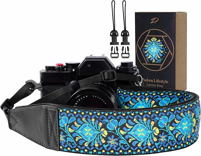 Padwa Lifestyle Camera Strap - 2" Full Grain Leather Ends Camera Straps for Photographers, Vintage Embroidered Cotton Weave Soft Suede Fabric Padded Strap Quick Release fits All Cameras by PadwaLifestyleCameraStrap