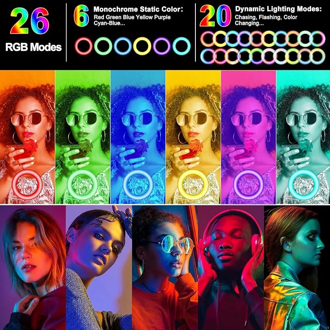 10.3" Selfie Ring Light with Stand and Phone Holder, 73" Tripod 96 RGB Mode | Remote for iPhone &Android Camera. LED Halo Light for Photo/Video Recording/TikTok/Makeup. Vlogging Circle Ringlight Dimmable - Image 3