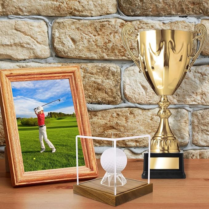 Clear Acrylic Golf Ball Display Case with Wood Base & Acrylic Holder, Memorabilia Stand Cube Holder, Dust Protection Transparent Storage Box for Single Ball Souvenir Golfball Collections - Image 4