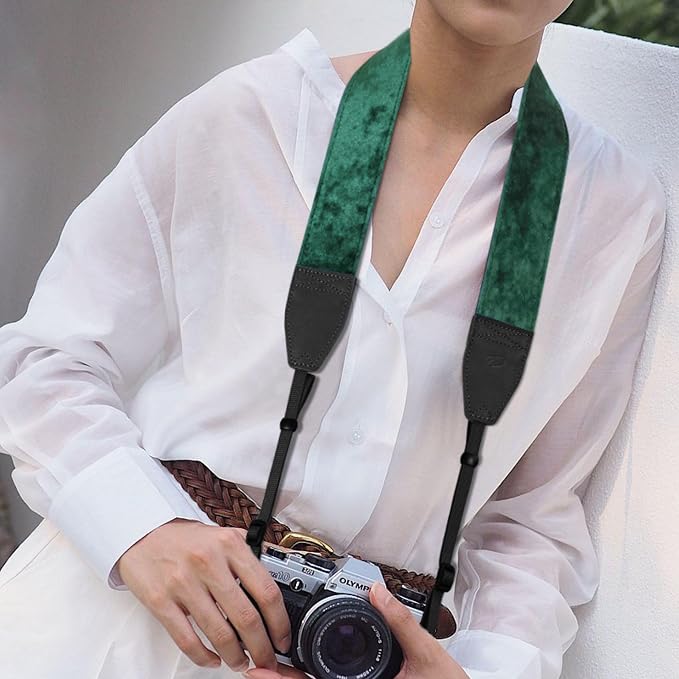 Padwa Lifestyle Green Velvet Camera Strap - 2" Double Layer Full Grain Cowhide Leather Head Camera Straps for Photographers,Unique Soft Velvet Fabric with Quick Release fits all Cameras - Image 7