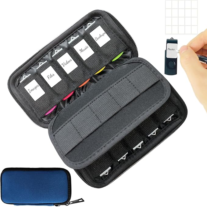 JBOS USB Flash Drive Case with 10 USB Drive Slots and 10 Memory Card Slots Storage Organizer Case Holder for Thumb Drives Jump Drives SD Cards with Zipper Bag Blue by JBOS