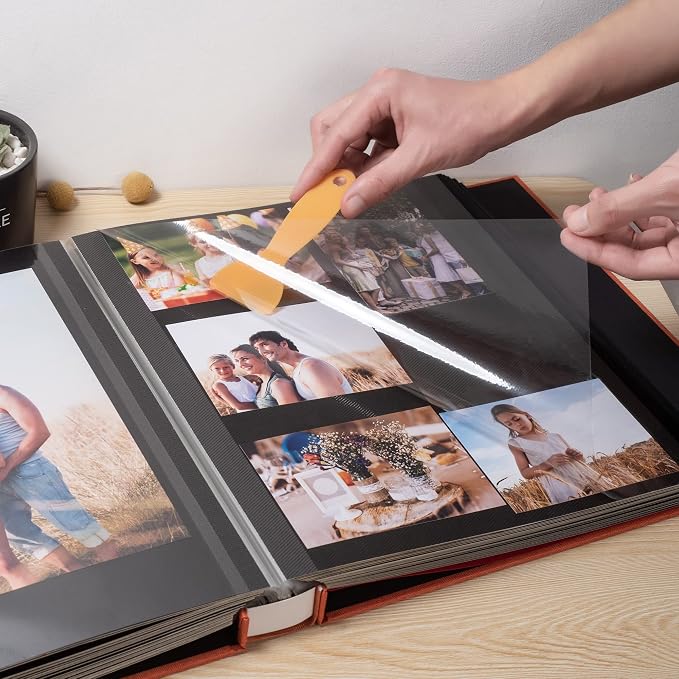 Large Photo Album Self Adhesive 4x6 5x7 3x5 8x10 Scrapbook Magnetic Album DIY Scrap Book Length 13 x Width 12.8 (Inches) 120 Black Sticky Pages Linen Cover DIY Photo Album(Orange) - Image 2