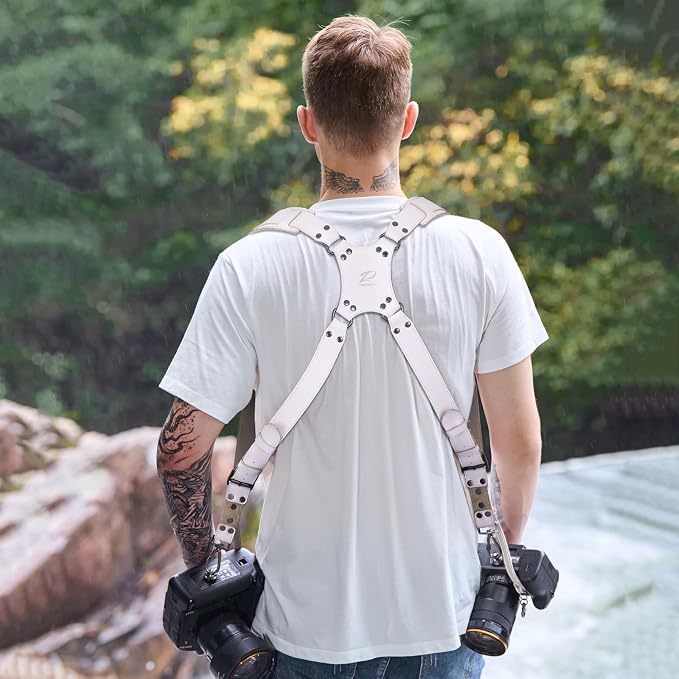 Padwa Lifestyle White Dual Camera Harness for Two Cameras - Wide Strap with Thick Shoulder Padded,Full Grain Leather Double Harness,Multi Camera Gear for DSLR Strap for Photographers - Image 6