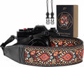 Padwa Lifestyle Red Flower Camera Strap - 2" Full Grain Leather Ends Camera Straps for Photographers, Vintage Embroidered Cotton Weave Soft Suede Fabric Padded Strap Quick Release fits All Cameras by PadwaLifestyleCameraStrap