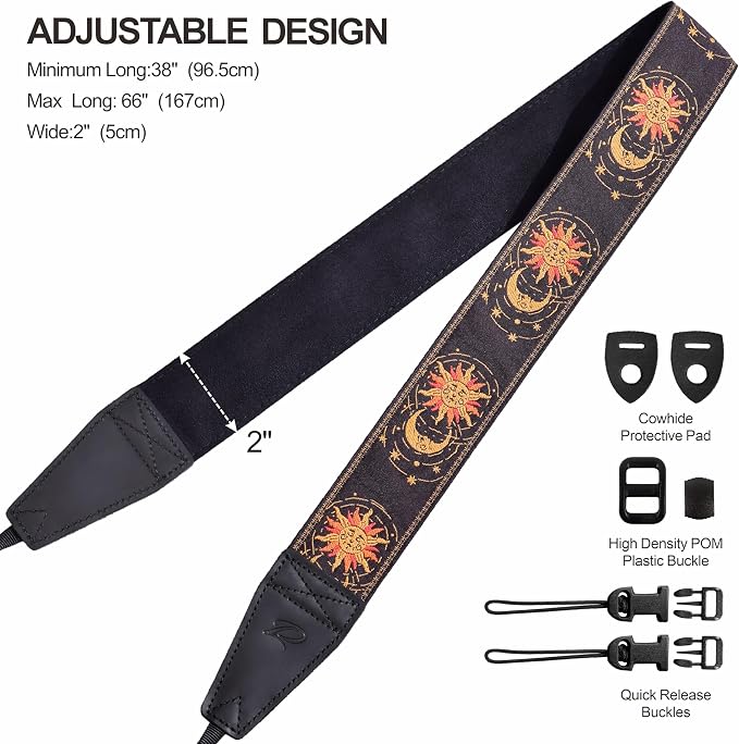 Padwa Lifestyle Helios Moon God Camera Strap -2" Full Grain Leather Ends Camera Straps for Photographers, Vintage Embroidered Cotton Weave Soft Suede Fabric Padded Strap Quick Release fits All Cameras - Image 6