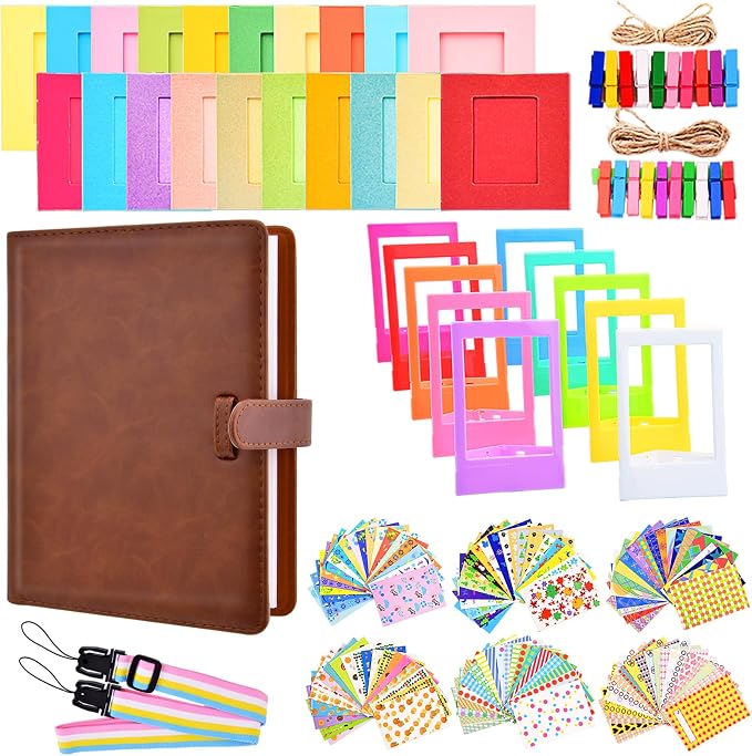 Sunmns Accessories Bundle Kit Compatible with Fujifilm Instax Mini 13 12 11 9 8 90 70 Instant Camera, Include Album, Film Stickers, Photo Frames, Hanging Frame, Strap (Brown) by Sunmns