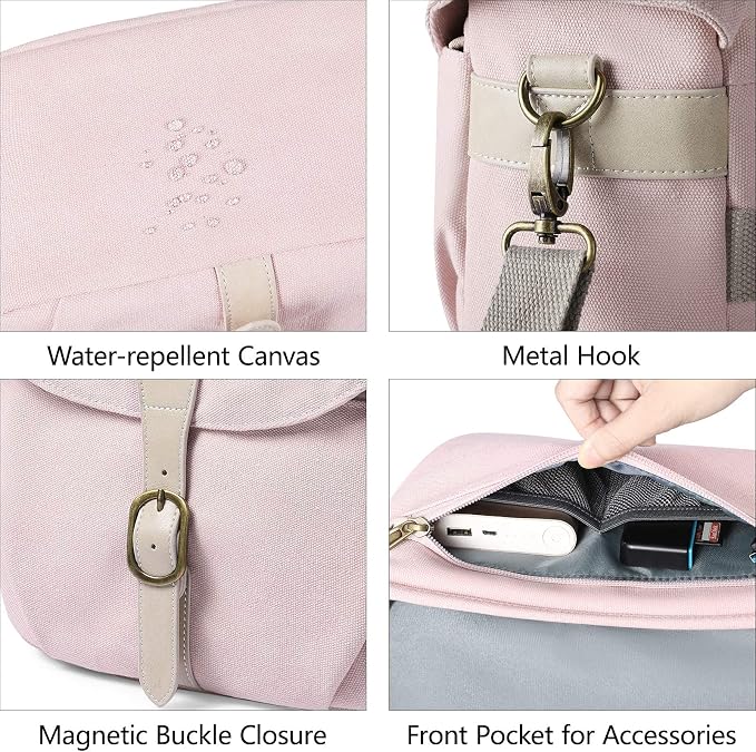 BAGSMART Camera Bag, SLR DSLR Canvas Crossbody Camera Case, Compact Camera Shoulder Bag with Rain Cover for Women and Men, Pink | SLR DSLR Camera Case, Compact Camera Shoulder Bag - Image 4